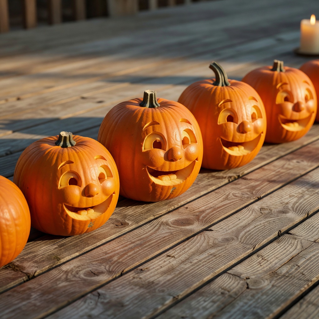 Row of cute hand-carved smiling pumpkins on a wooden deck background with soft dynamic illumination