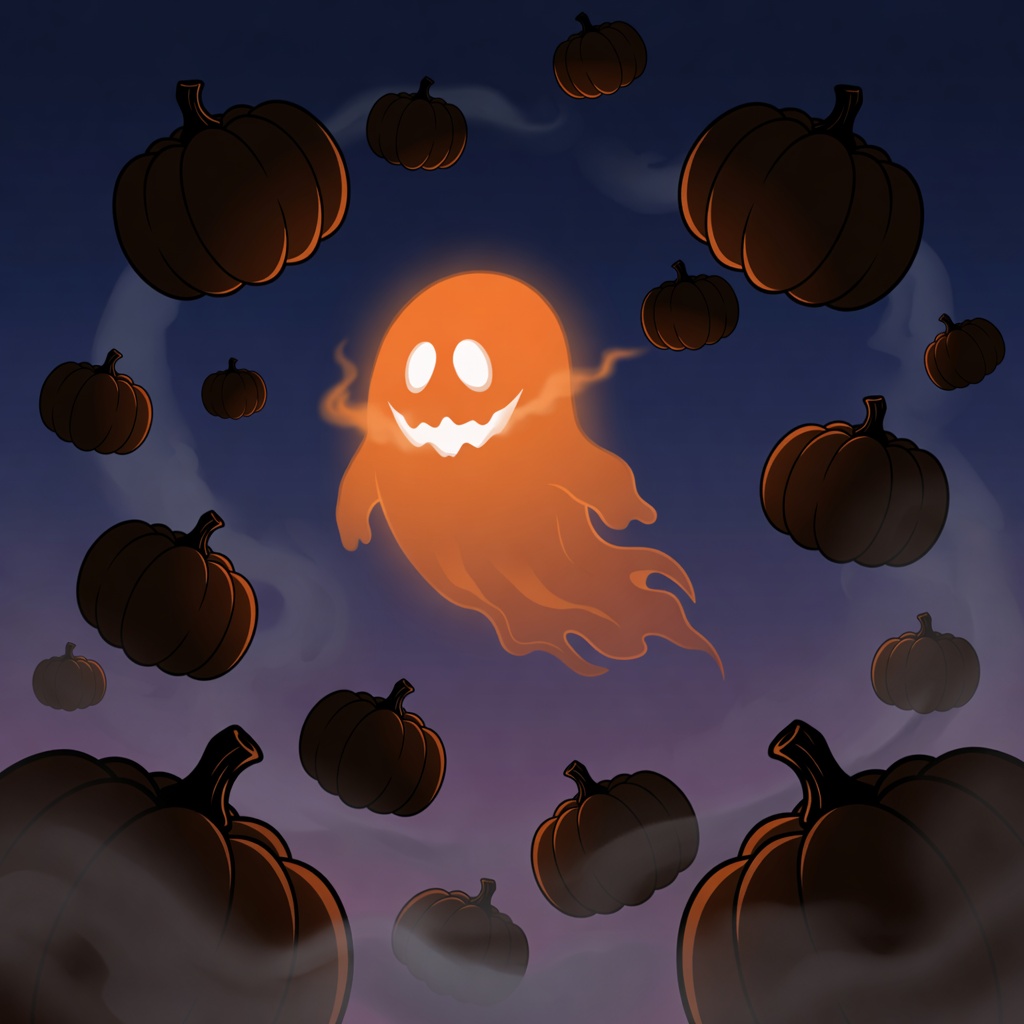 Spooky orange cartoon ghost drifting around dynamic pumpkin silhouettes