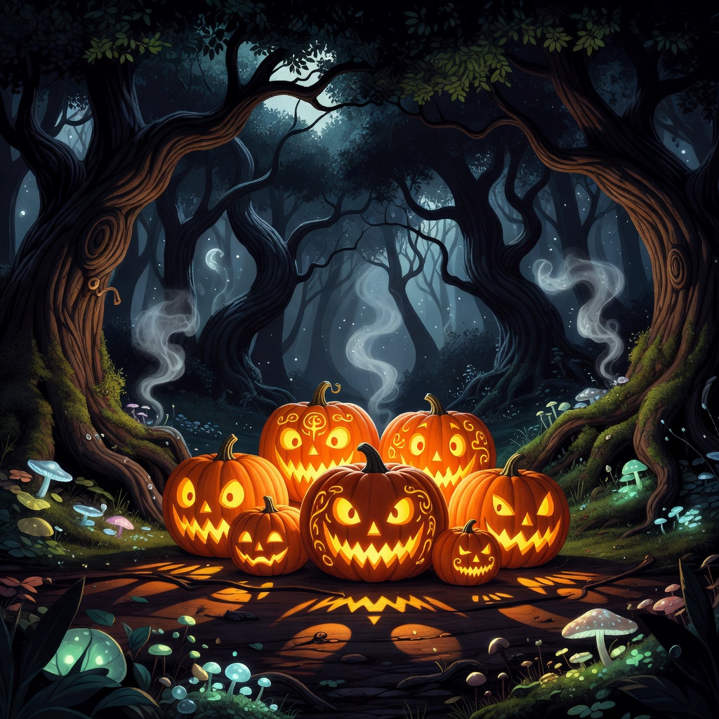 Vibrant cartoon halloween pumpkins glowing mysteriously in a magical dark forest